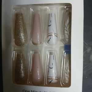 Gold glitter pink white marble press on nails